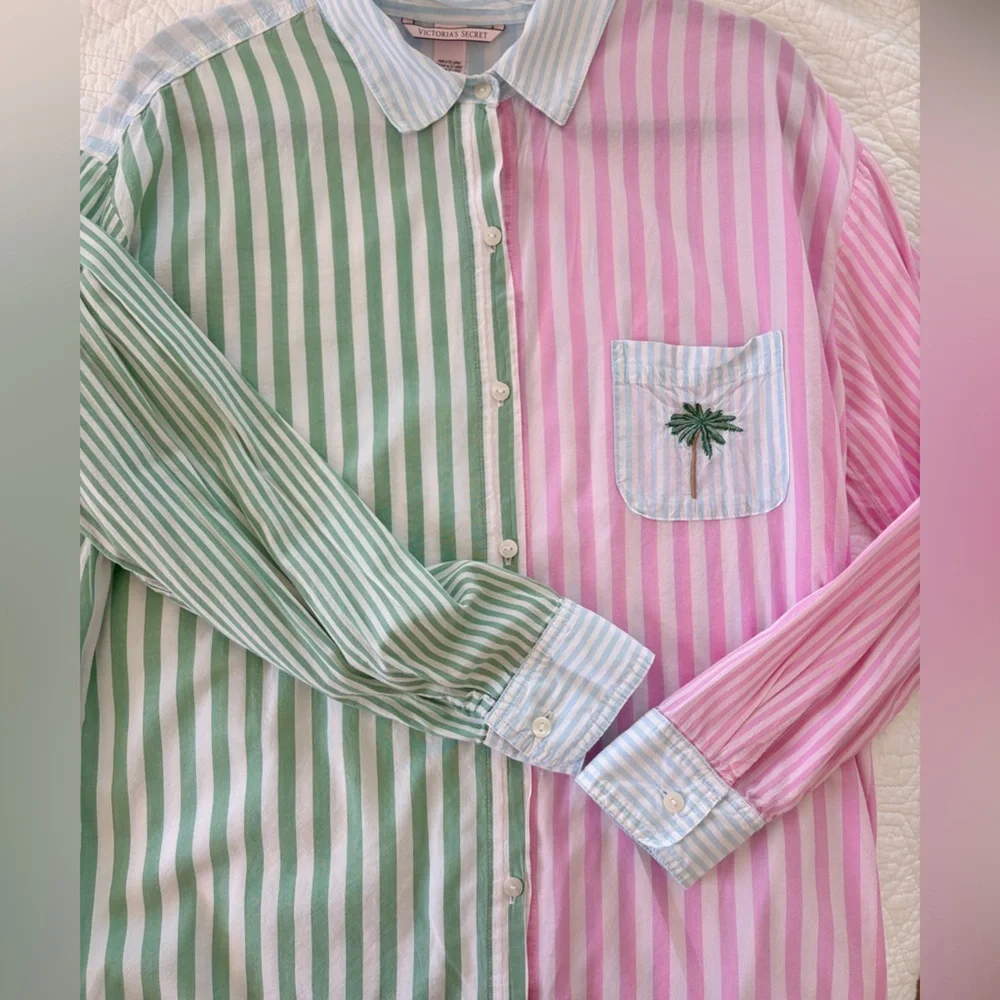 Victoria Secret cotton Pajama Shirt Colorful Stripes Button Down Cotton Dress - Picture 5 of 10